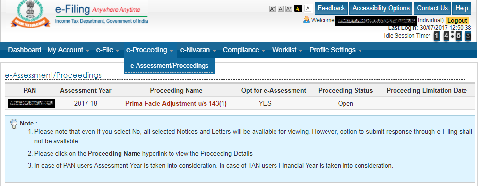 e-Proceeding to Reply to Prima Facie Adjustment 143(1)