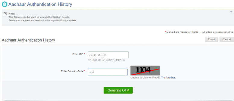 Aadhaar Authentication History - Screen 1