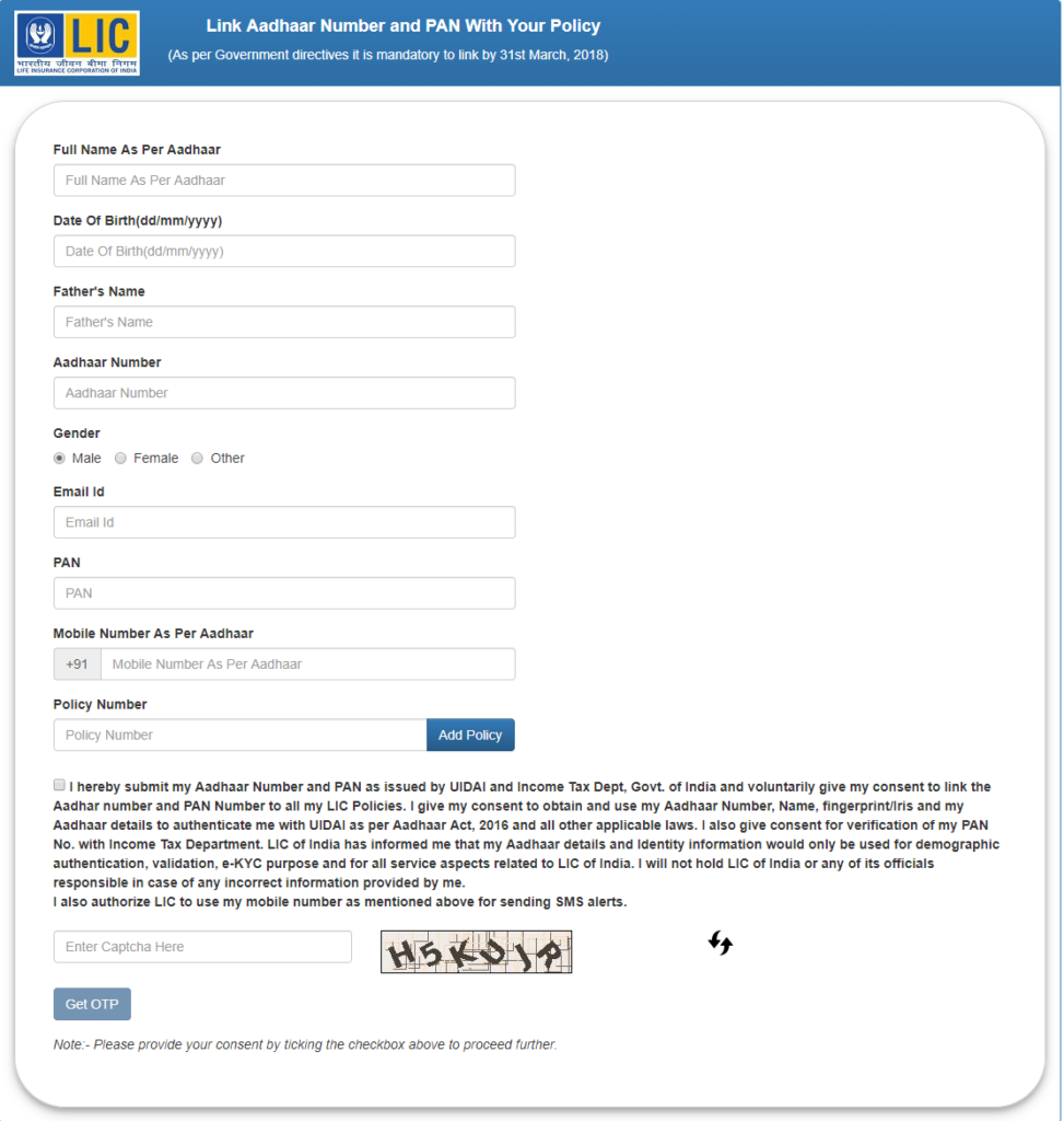 Link Aadhaar and Pan to LIC policy