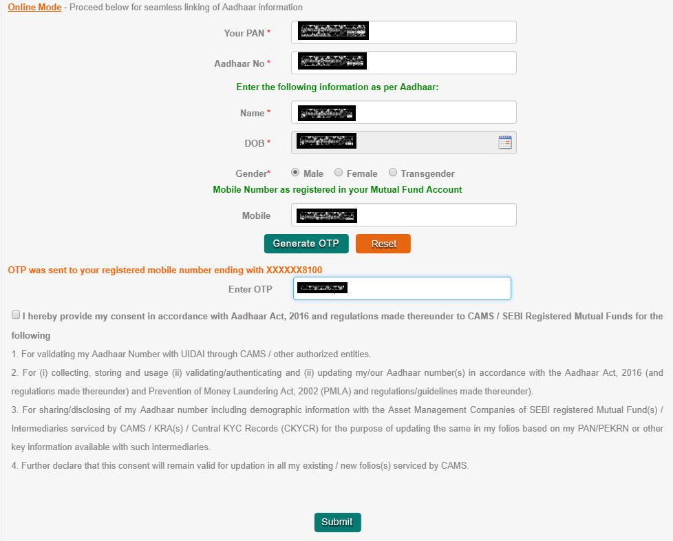 Link Aadhaar to your Mutual Fund Investments Online easily 2 Link Aadhaar to Mutual Fund investments on CAMS Online - Screen 2