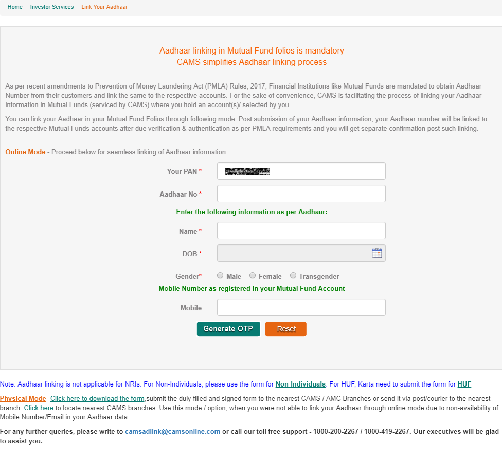Link Aadhaar to your Mutual Fund Investments Online easily 1 Link Aadhaar to Mutual Fund investments on CAMS Online