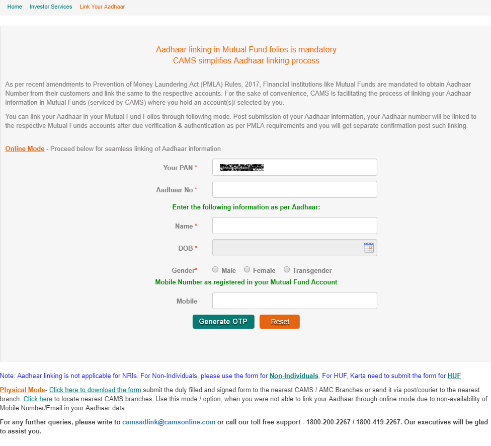 Link Aadhaar to Mutual Fund investments on CAMS Online