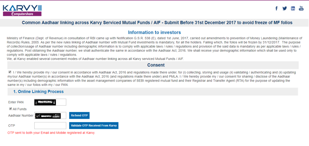 Link Aadhaar to Mutual Fund investments on Karvy Online