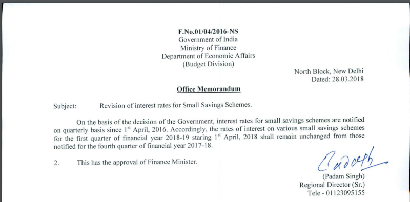 Small Savings Scheme Interest Rate - Jan - Mar'19 6 Small Saving Scheme Interest Rate for April - June 2018 Notification