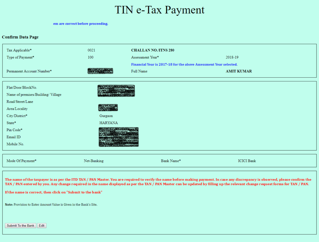 Challan 280 - Verify for Advance Tax