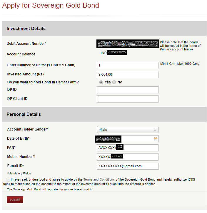 Buy Sovereign Gold Bond Online on ICICI Bank - Form