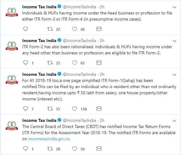 Income Tax Return 2018: Which ITR Form to use for AY 2018-19? 1 Notification of ITR Forms for AY 2018-19 by Income Tax Department Tweet