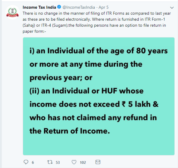 7 Most Important Changes in ITR 2018 Forms (for AY 2018-19) 5 Who can file Tax Returns in Physical Form?