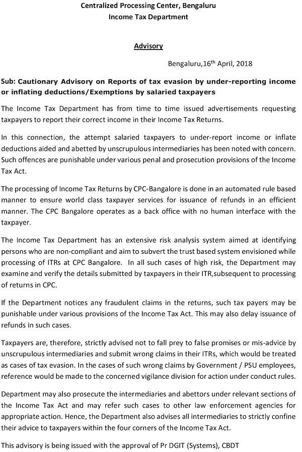 cautionary advisory to Salaried Taxpayers about under-reporting of income