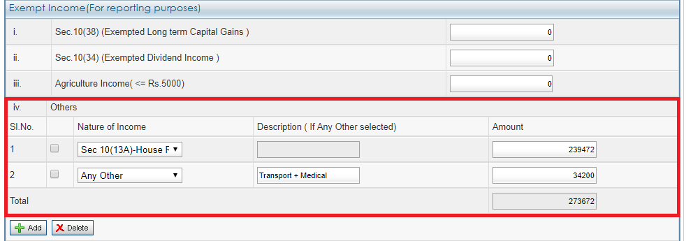 Filling Exempt Allowance Section in ITR 1