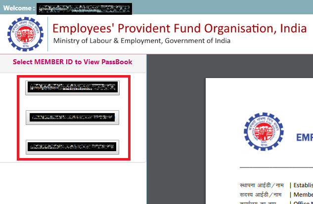 EPF Passbook - Select Member ID to view PassBook