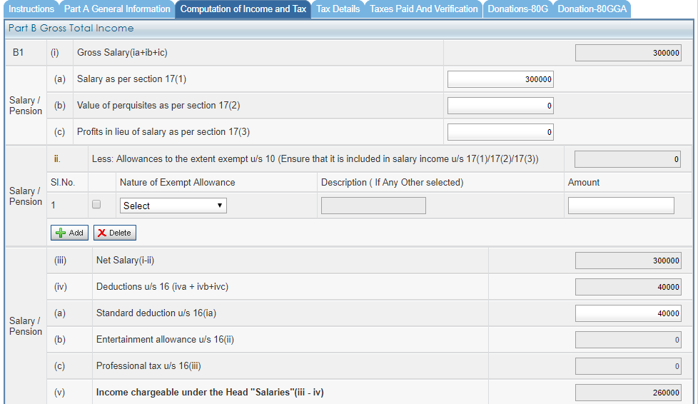 ITR 1 - Computation of Income and Tax - Salary and Pension