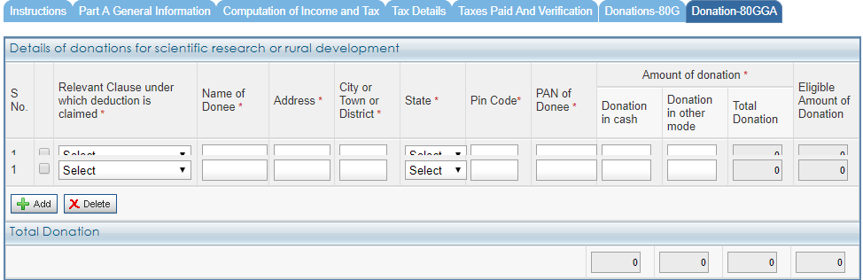 Filing ITR for Senior Citizen with Pension & Fixed Deposit 18 ITR 1 - Donations 80GGA - Details of donations for scientific research or rural development