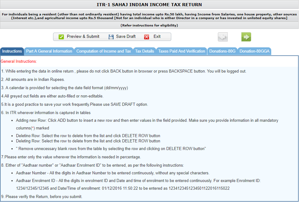 ITR 1 - General Instructions