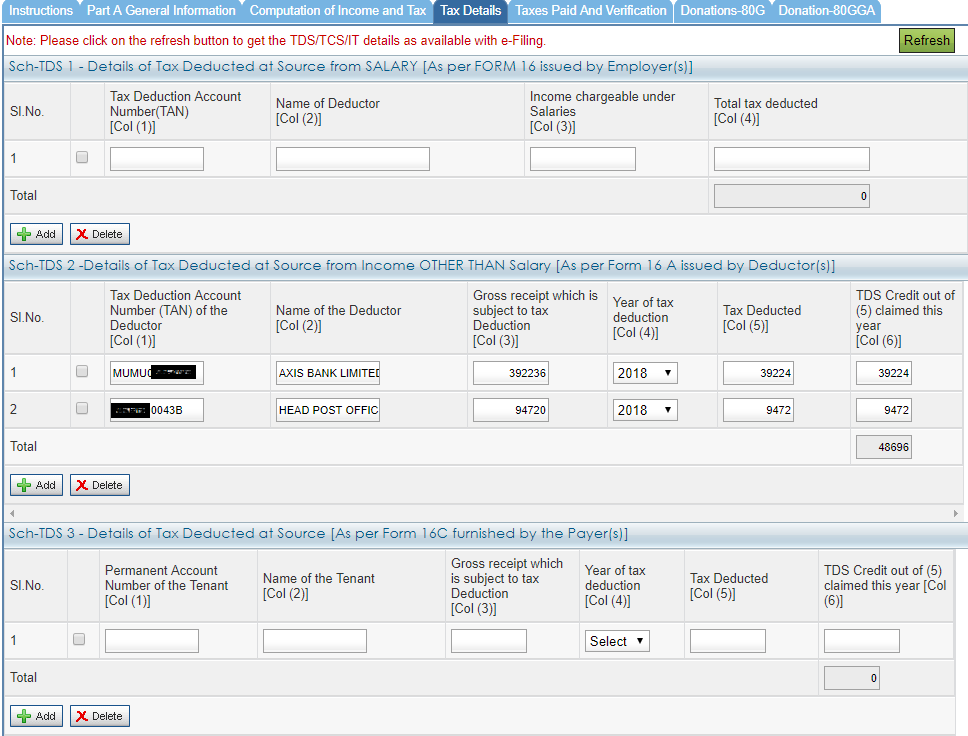 Filing ITR for Senior Citizen with Pension & Fixed Deposit 12 ITR 1 - Tax Details - Details of Tax deducted at source