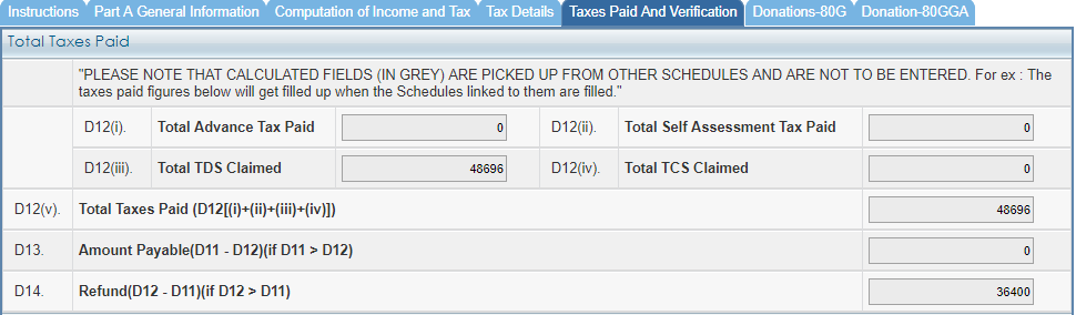 ITR 1 - Taxes Paid and Verification - Total Taxes Paid
