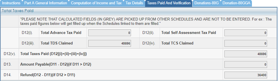 Filing ITR for Senior Citizen with Pension & Fixed Deposit 15 ITR 1 - Taxes Paid and Verification - Total Taxes Paid