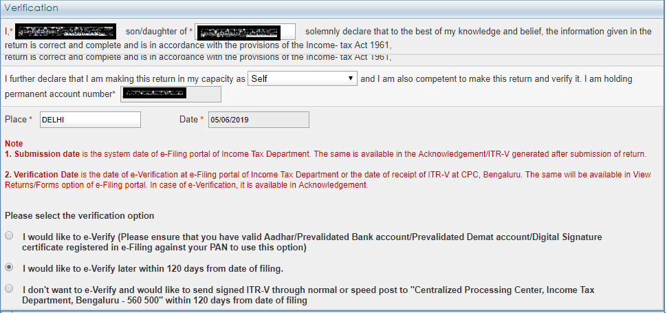 ITR 1 - Taxes Paid and Verification - Verification