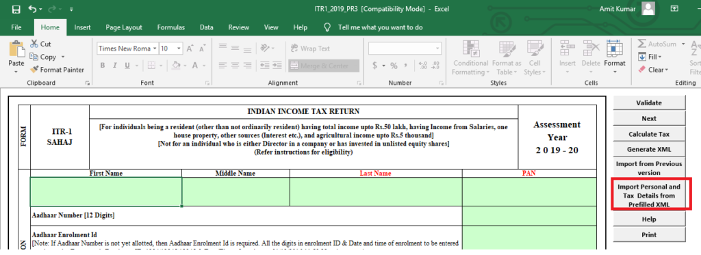 Import pre-filled xml in ITR Excel utility