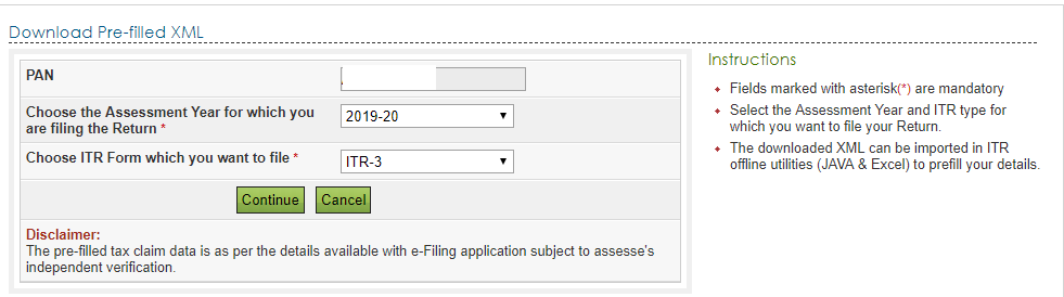 download Pre-filled XML - Choose ITR Form