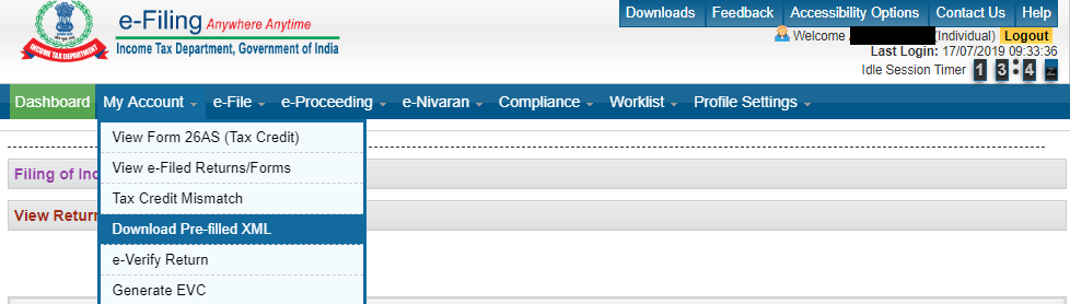 How to download Pre-filled ITR Forms? 1 download Pre-filled XML Menu