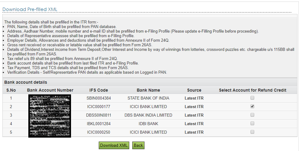 How to download Pre-filled ITR Forms? 3 download Pre-filled XML - Select Bank Account for Tax Refund