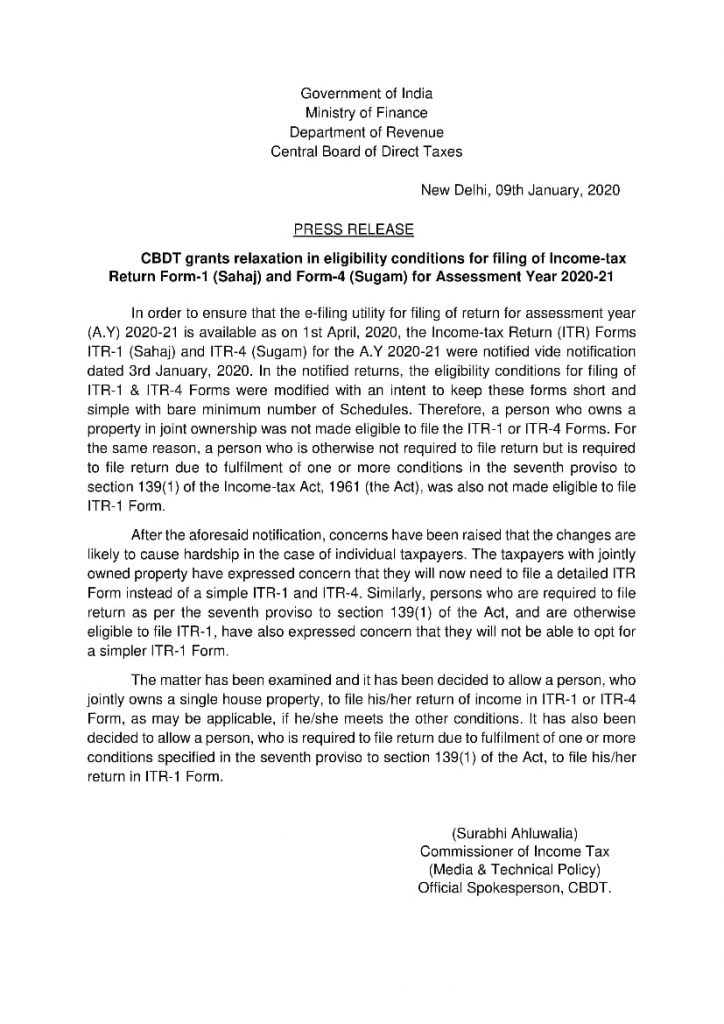 7 New Disclosures in Income Tax Return Forms for AY 2020-21 2 Income Tax Department Clarification on Joint Home Owners can file ITR 1 or ITR 4