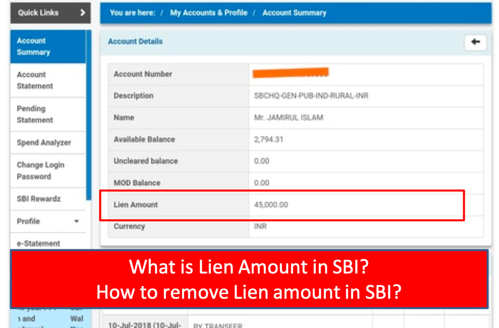 Remove Lien amount in SBI